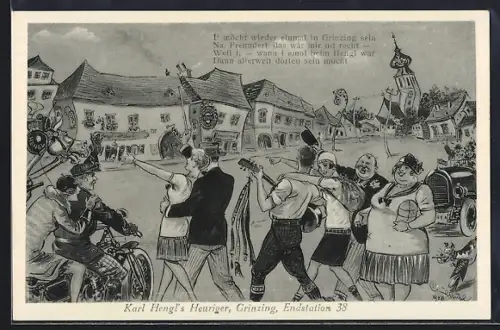 Künstler-AK Grinzing, Karl Hengls Heuriger, Endstation 38