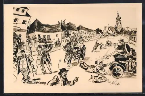 AK Wien-Grinzing, Betrunkene Männer und Frauen auf dem Heimweg vom Heurigen