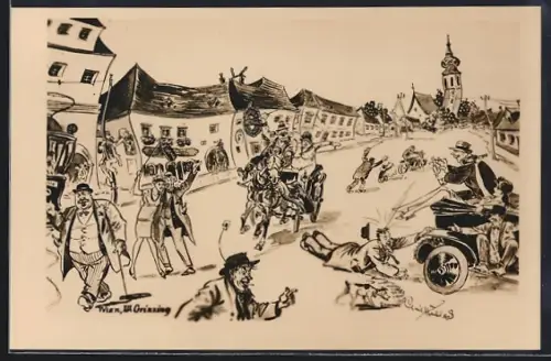 AK Wien-Grinzing, Betrunkene Männer und Frauen auf dem Heimweg vom Heurigen