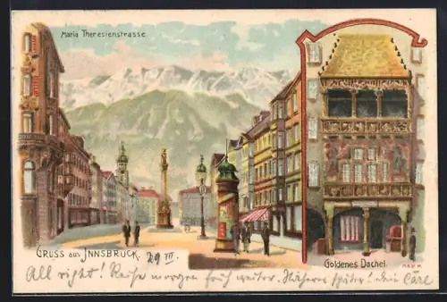 Lithographie Innsbruck, Maria-Theresien-Strasse mit Gasthaus Goldenes Dachel