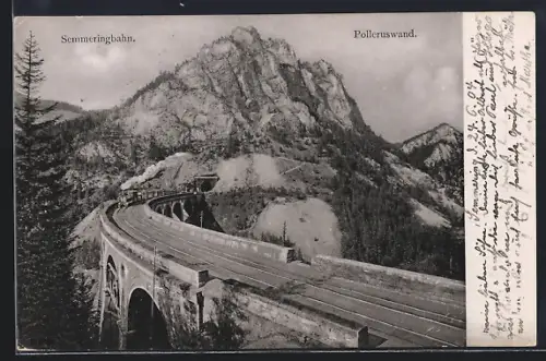 AK Breitenstein, Semmeringbahn passiert die Polleruswand, österreichische Eisenbahn