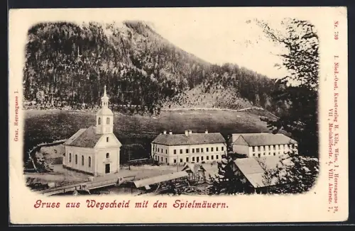 AK Mariazell, Wegscheid, Kirche mit Umgebung und Blick auf die Spielmäuern