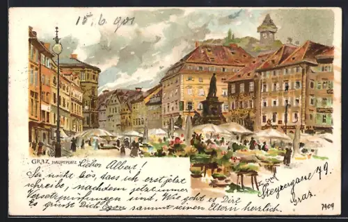 Lithographie Graz, Markttag auf dem Hauptplatz