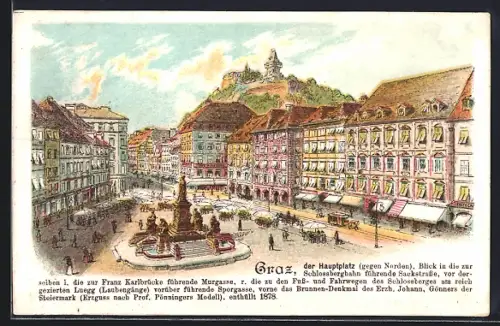 Künstler-AK Graz, Hauptplatz, Sackstrasse, Pferdebahn