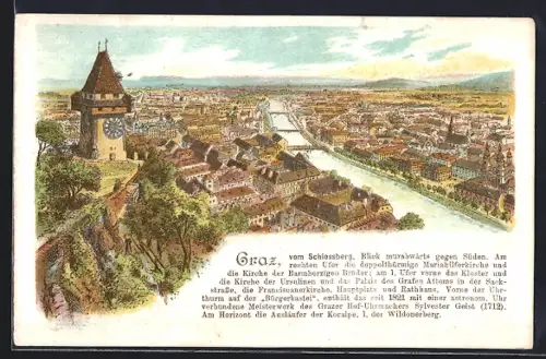 Künstler-AK Graz, Ortsansicht vom Schlossberg mit Uhrturm