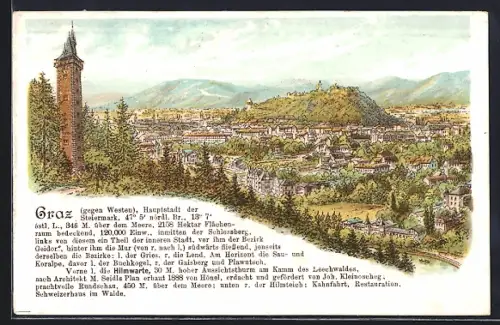 Künstler-AK Graz, Ortsansicht gegen Westen