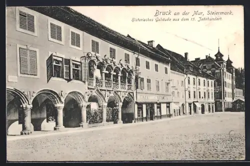 AK Bruck an der Mur, historisches Gebäude aus dem 15. Jahrhundert mit Cafe Europa