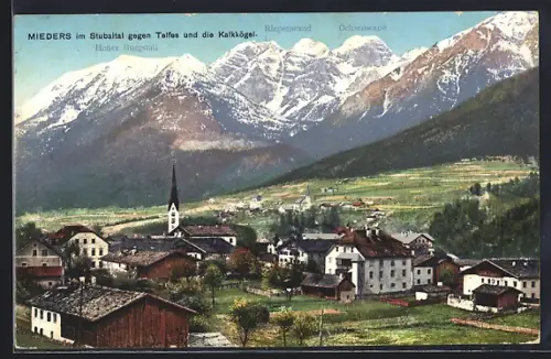 AK Mieders im Stubaital, Ortsansicht gegen Telfes & die Kalkkögel