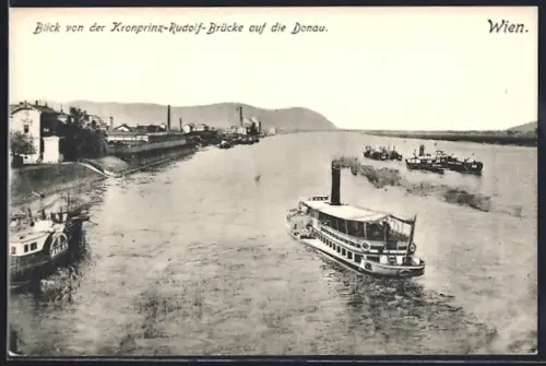 AK Wien, Blick von der Kronprinz-Rudolf-Brücke auf die Donau, Dampfschiff