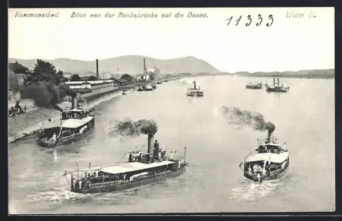 AK Wien, Blick von der Reichsbrücke auf die Donau mit Kommunalbad