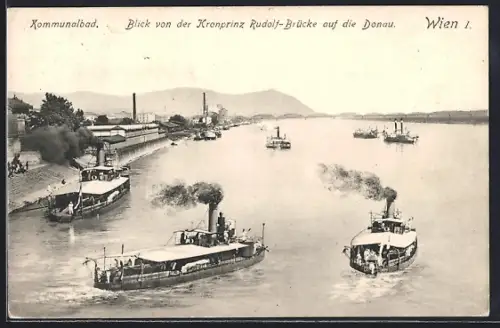 AK Wien, Blick von der Kronprinz Rudolf-Brücke auf die Donau mit Kommunalbad
