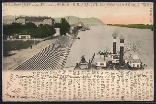 AK Wien, Blick von der Kronprinz Rudolf-Brücke auf die Donau mit Communalbad