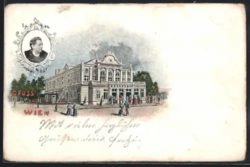 Lithographie Wien, Prater, Jantsch-Theater, Portrait Heinrich Jantsch