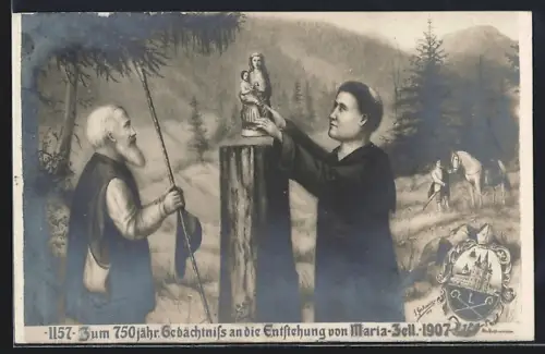 Künstler-AK Maria-Zell, 750 jähr. Gedächtnis an die Entstehung der Stadt 1907, Mönch mit Skulptur, Wappen