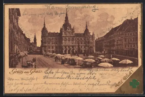 AK Graz, Wochenmarkt auf dem Marktplatz, Rathaus, Geschäfte, Leute um 1900
