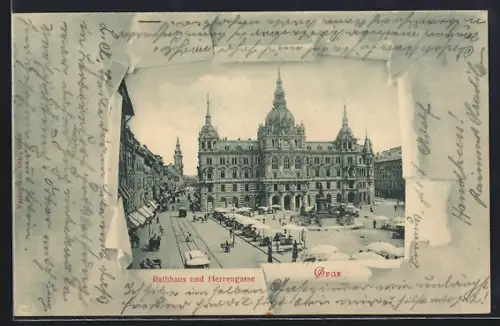 AK Graz, Rathaus und Herrengasse mit Strassenbahn durch zerrissenes Papier, Passepartout