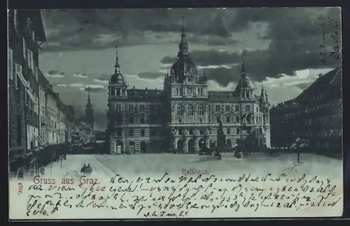 Mondschein-AK Graz, Rathaus mit Denkmal