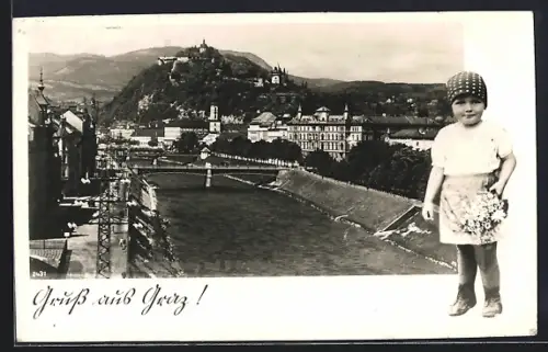 AK Graz, Uferpartie mit Brücke, Kleines Mädchen