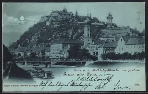 Mondschein-AK Graz, Teilansicht von der Radetzky-Brücke aus gesehen