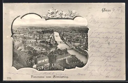 AK Graz, Panorama vom Schlossberg aus gesehen, Passepartout