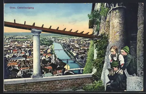 AK Graz, Castellaufgang mit Blick auf die Stadt