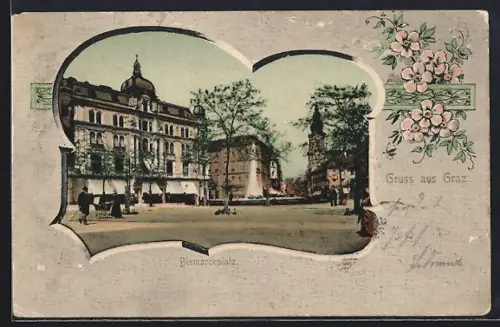 AK Graz, Bismarckplatz mit Denkmal, Passepartout