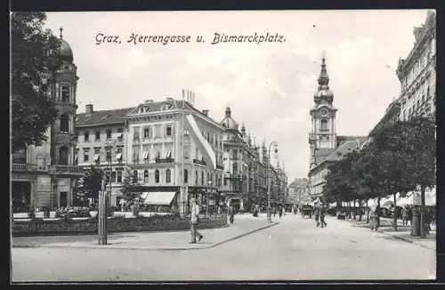 AK Graz, Bismarckplatz und Herrengasse mit Strassenbahn