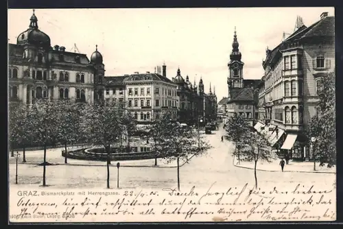 AK Graz, Bismarckplatz und Herrengasse mit Strassenbahn