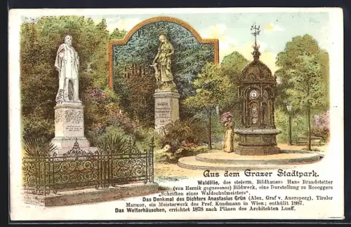 Lithographie Graz, Grazer Stadtpark mit Waldlilie und Denkmal des Dichters Anastasius Grün