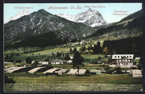 AK Hinterstoder /Ob.-Öst., Schachingers Erholungsheim mit Spitzmauer und Hoher Priel