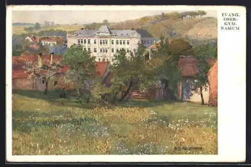 Künstler-AK Oberschützen /Burgenland, Evang. Ober-Gymnasium