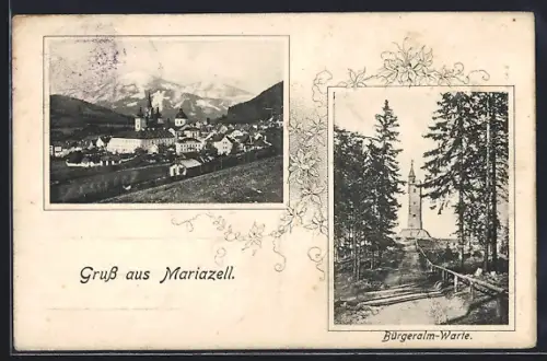 AK Mariazell, Bürgeralm-Warte und Ortsansicht