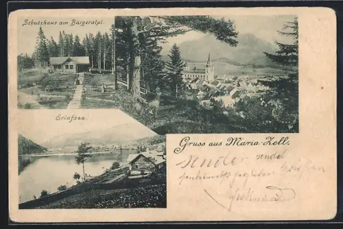 AK Mariazell, Totalansicht mit dem Basilika, Schutzhaus am Bürgeralpl, der Erlafsee