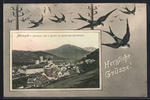 AK Mariazell /Steiermark, Ortsansicht mit Gemeinalpe und Oetscher