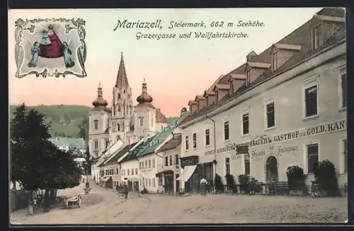 AK Mariazell /Steiermark, Grazergasse und Wallfahrtskirche mit Gasthof