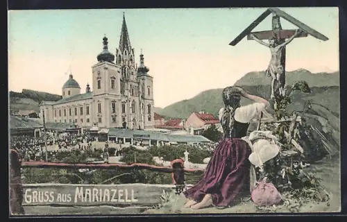 AK Mariazell, Frau betet am Flurkreuz, Blick zur Kirche