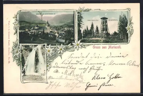 AK Mariazell, Wasserfall, Franz Karls-Höhe und Panoramablick