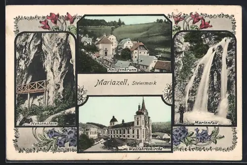 AK Mariazell /Steiermark, Heiligenbrunn, Die Wallfahrtskirche, Marienfall, Hohlenstein