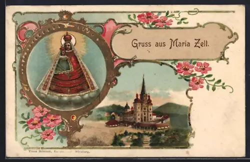 Lithographie Maria Zell, Blick auf die Wallfahrtskirche