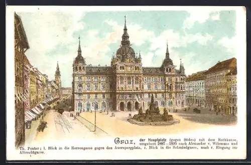 Lithographie Graz, Der Hauptplatz mit Rathaus und Denkmal
