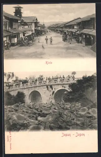 AK Kioto, Strassenpartie mit Leuten, Brückenansicht