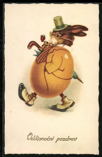 AK Osterhase im eierförmigen Anzug mit Schirm, Velikonocni pozdrav