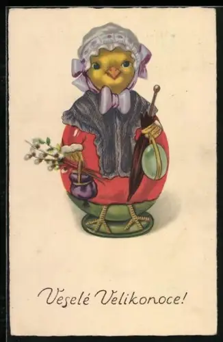 AK Osterküken mit Schirm und Haube, Veselé Velikonoce