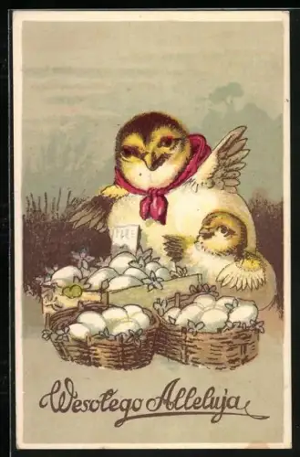 AK Osterküken mit Körben voller Ostereier, Wesolego Alleluja