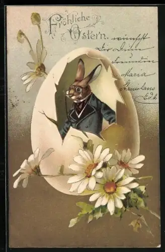 AK Osterhase im Anzug mit Monokel in einem Ei