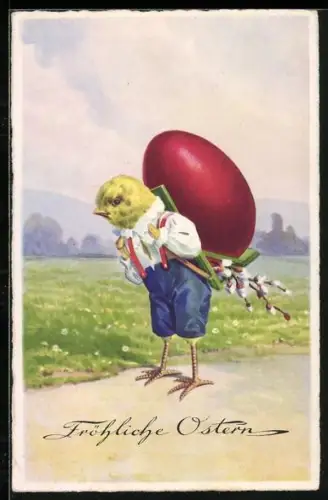 AK Osterküken trägt ein rotes Osterei auf dem Rücken
