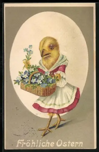 Präge-AK Osterküken mit Blumenkorb, Ostergruss