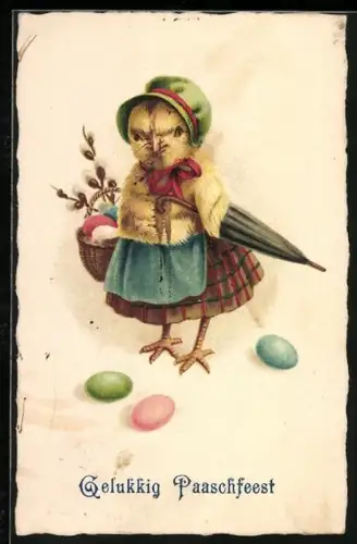 AK Osterküken mit Schirm und Korb, Gelukkig Paaschfeest
