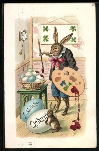 AK Osterhase mit Palette bemalt Ostereier