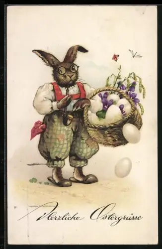 AK Osterhase mit Brille, Pfeife und Eierkorb